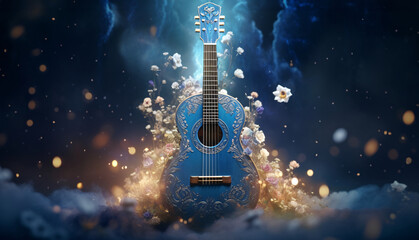 An acoustic guitar with a sky background.