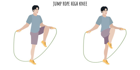 Asian young man doing jump rope high knee exercise