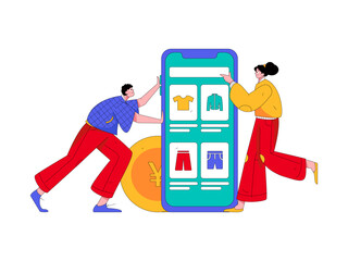 Holiday shopping people doing e-commerce online shopping flat vector concept operation hand drawn illustration
