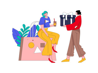 Holiday shopping people doing e-commerce online shopping flat vector concept operation hand drawn illustration
