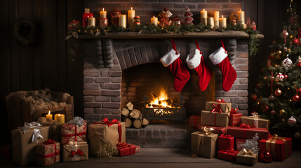 Christmas banner, Christmas fireplace, Christmas tree and gifts in red and gold colors