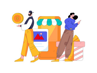 Holiday shopping people doing e-commerce online shopping flat vector concept operation hand drawn illustration
