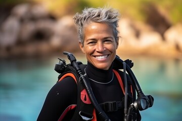 Portrait of a happy senior woman with scuba gear smiling at the camera