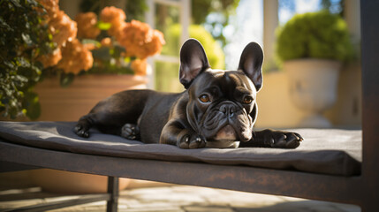 French bulldog lying on a garden terrace