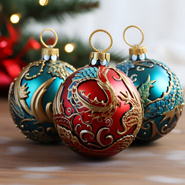 New Year's balls with a close-up image of a dragon.