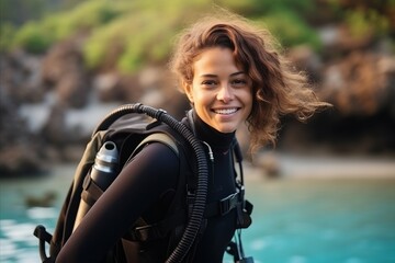 Portrait of happy young female scuba diver smiling and looking at camera