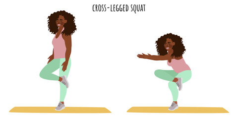 Young woman doing cross-legged squat exercise