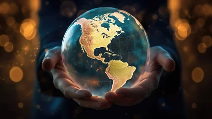 Fotobehang world globe in hands lights background © Muhammad_Waqar