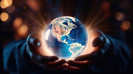 world globe in hands lights background