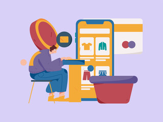 Holiday shopping people doing e-commerce online shopping flat vector concept operation hand drawn illustration
