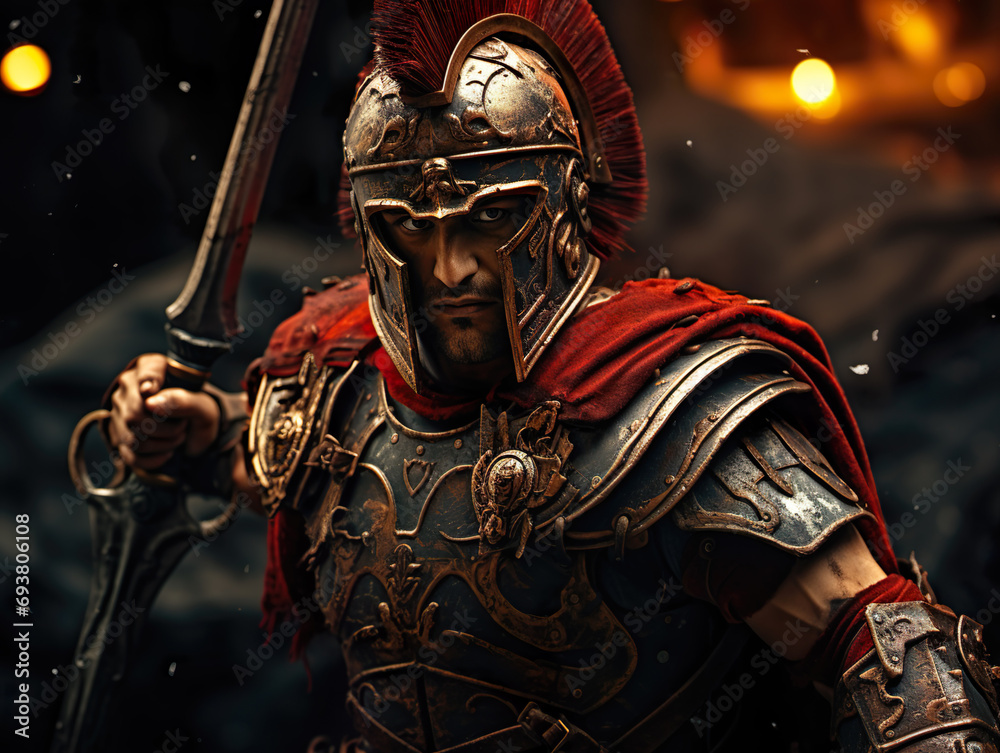 Wall mural Spartan warrior ready to fight. Roman male legionary (legionaries) wear helmet with crest, spear , sword, heavy infantryman,  soldier of the army of the Roman Empire on Rome background. Generative ai