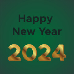 Simple Happy New Year banner with golden letters and the number 2024 on green background. Vector illustration.