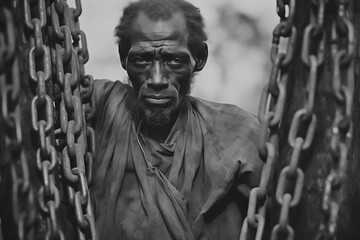 A historic portrait of a black african slave with metal chains
