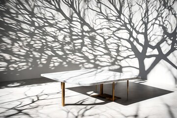 White marble table with tree shadow