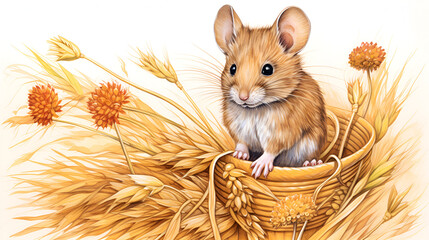 book illustration of a cute mouse sitting in a wicker basket with ears of grain, close-up on a white background with space for text