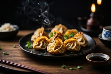 high quality photography of delicious homemade Chinese fried dumplings in plate on table. on dark background. Chinese food concept. 