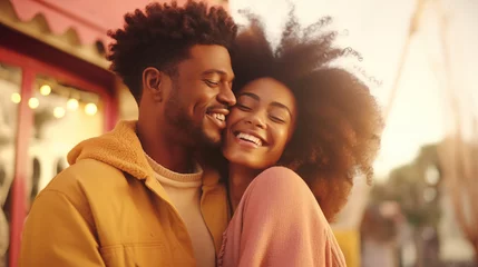 Fotobehang Smiling black african american young couple hugging her boyfriend for Valentine's Day, generative ai © OP38Studio
