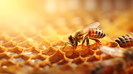 Macro photo of a bee hive on a honeycomb with copyspace - obrazy, fototapety, plakaty