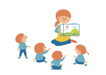 紙芝居　読み聞かせをする先生と幼稚園児たち　イラスト素材