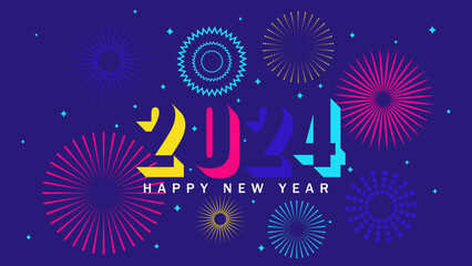 Happy 2024 New Year background. Festive fireworks. Vector illustration.