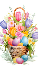 Fototapeta na wymiar bouquet of tulips and Easter eggs on a white background