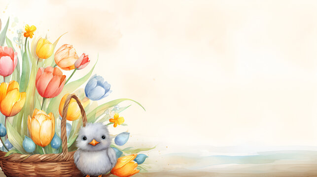 Easter banner or card with a picture of baskets with Easter eggs and flowers on a light background with space for text