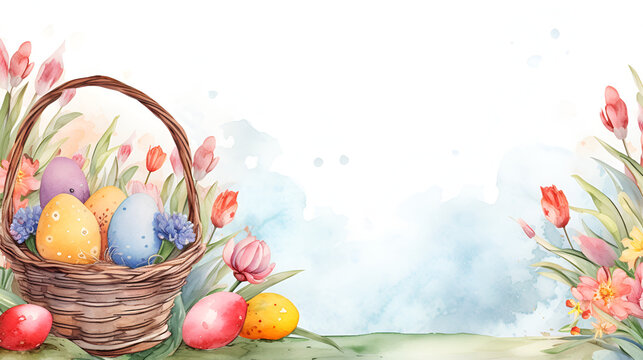 Easter banner or card with a picture of baskets with Easter eggs and flowers on a light background with space for text