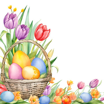 Easter background with a picture of Easter eggs and tulips on a white background with space for text