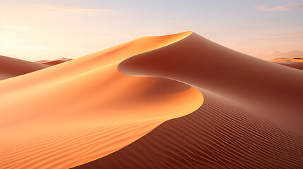 Fototapeta na wymiar Desert with orange sand dunes. Beautiful natural landscape., Golden sand dunes panorama in daylight, Abstract hyperzoom revealing the texture of sand dunes, Drifting Sand Dunes flat texture