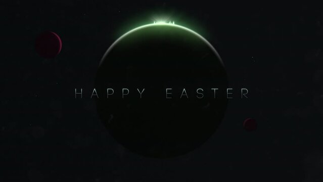 A vibrant Easter-themed image of planet Earth in lush green and brown shades, with Happy Easter written in white letters against a black backdrop