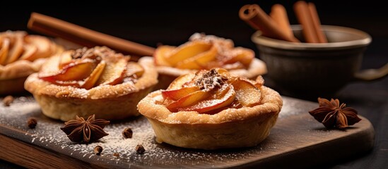 Selective focus close up of apple tartlets with cinnamon and dough decoration. - obrazy, fototapety, plakaty