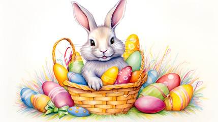 Easter card with a cute Easter bunny with a basket of Easter eggs on a white background