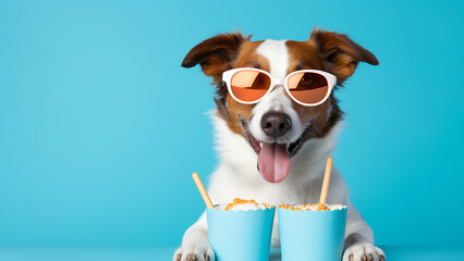 A cute dog wearing sunglasses on a blue background isolated.