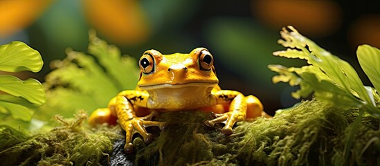 Golden frog from Panama resting on tropical foliage.