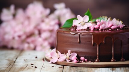 Obraz na płótnie Canvas Chocolate Fudge Cake and Pink Flowers