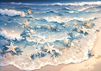 Fototapeta na wymiar Beautiful raging seas with sea foam, waves. star fish, snail and ocean animals