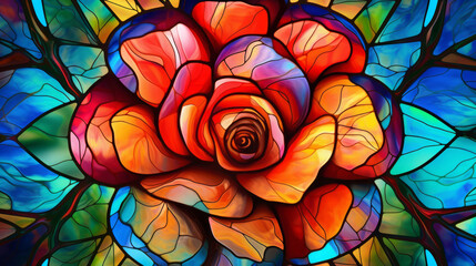 Stained glass window background with colorful Rose Flower abstract.