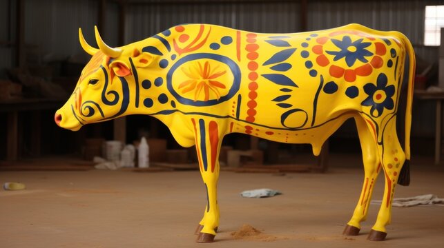 Cow painted yellow for pongal festival