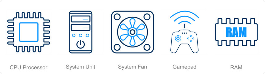 A set of 5 Computer Parts icons as cpu processor, system unit, system fan