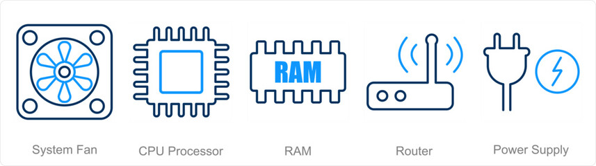 A set of 5 Computer Parts icons as system fan, cpu processor, ram