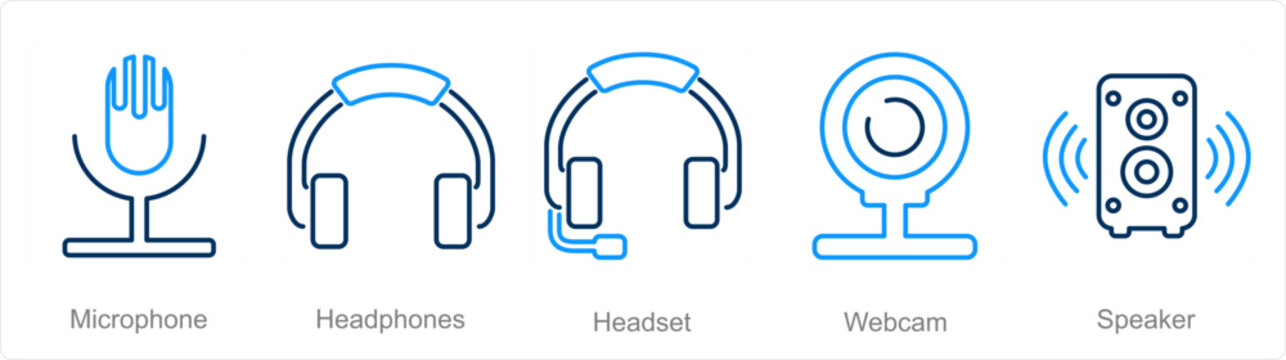A set of 5 Computer Parts icons as microphone, heaphones, headset