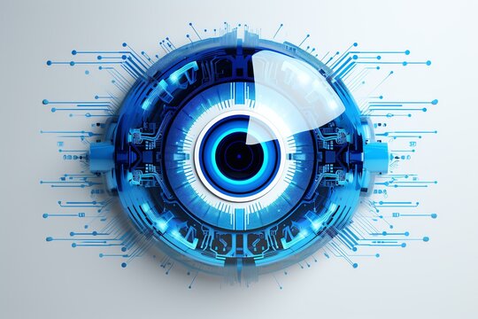 a blue eyeball with circuit board and a white background