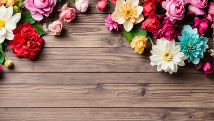 Website Banner, International Flowers Themed Wooden Background, Top View, Copy Space for Text