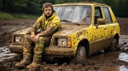 Man in yellow car covered in mud side view