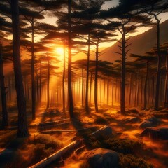 A pine forest with the scent of pine needles and a golden landscape illuminated as the sun sets.