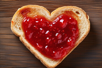 Toast in the shape of a heart with strawberry jam, an unusual breakfast for your beloved on...