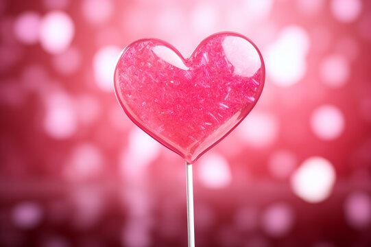 Pink heart-shaped lollipop with empty space for text on a bright, festive background. A small gift for your significant other for Valentine's Day