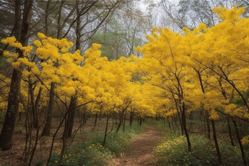 Fototapeta premium Yellow mimosa bushes along the road in the forest, spring flowers