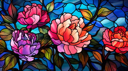 Stained glass window background with colorful Rose Flower abstract. Valentine day concept.
