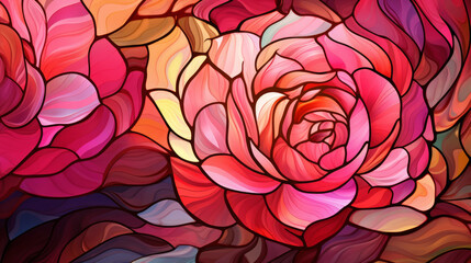 Stained glass window background with colorful Rose Flower abstract. Valentine day concept.
